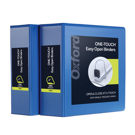 Oxford 3 Ring Binders, Durable Binders for School and Office, 4 Inch, ONE-Touch Easy Open D Rings, View Binder Covers, 4 Interior Pockets, PVC-Free, Holds 880 Sheets, Blue, 2 Pack (79922)