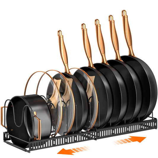 MUDEELA Pots and Pans Organizer Rack for Under Cabinet, Expandable 11.71''-22.85'' Pot Lid Kitchen Cabinet Organizer Holder with 10 Adjustable Compartment Cutting Board Organizer for Pan Lid, Bakeware