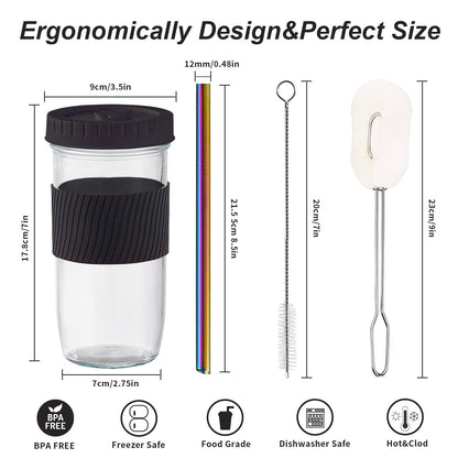 HEFBCOMK 2 Pack Reusable Boba Cup Smoothie Tumbler Glass Bubble Tea Cup, 24oz Iced Coffee Cups with Lids and Straws, Mason Jar Drinking Glasses for Bubble Tea, Beer, Smoothie, Juice (Black)