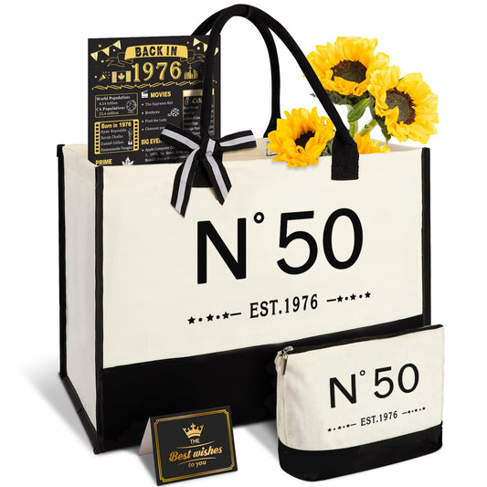 50th Birthday Gifts for Girls Canvas Tote Bag, Unique 50 Years Old Gifts for Mom Wife Aunt Friends Sister Her, EST.1976 Birthday Handbag & Cosmetic Bag & Back in 1976 Poster