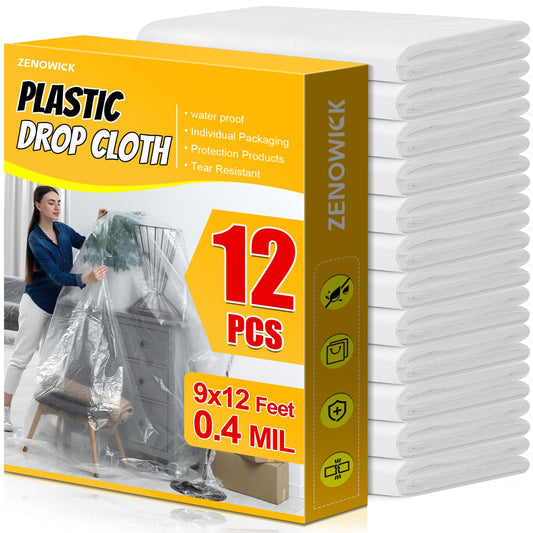 12 Pack Plastic Drop Cloth, 9x12 Ft Plastic Sheeting for Painting, Dust-Proof Tear-Resistant Painters Plastics Tarp Cloth for Furniture Floor Sofa Protector Cover Durable & Thick