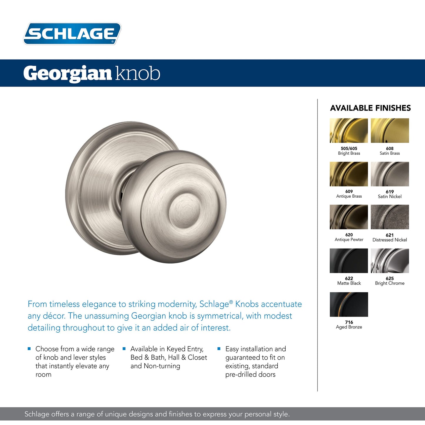 Schlage F10GEO609 Georgian Passage Knob, Antique Brass