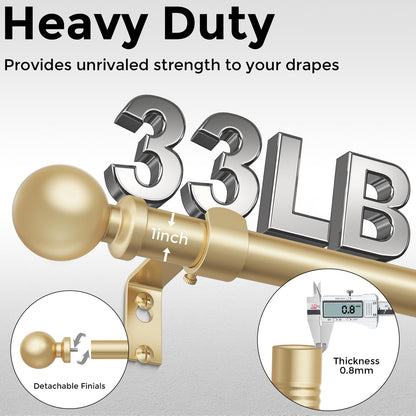 Gold Curtain Rods for Windows 48 to 84 Inch, Adjustable Heavy Duty 1" Diameter Decorative Curtain Rod with Matte Gold Round Finials, Modern Easy Install Extendable Metal Drapery Pole Set