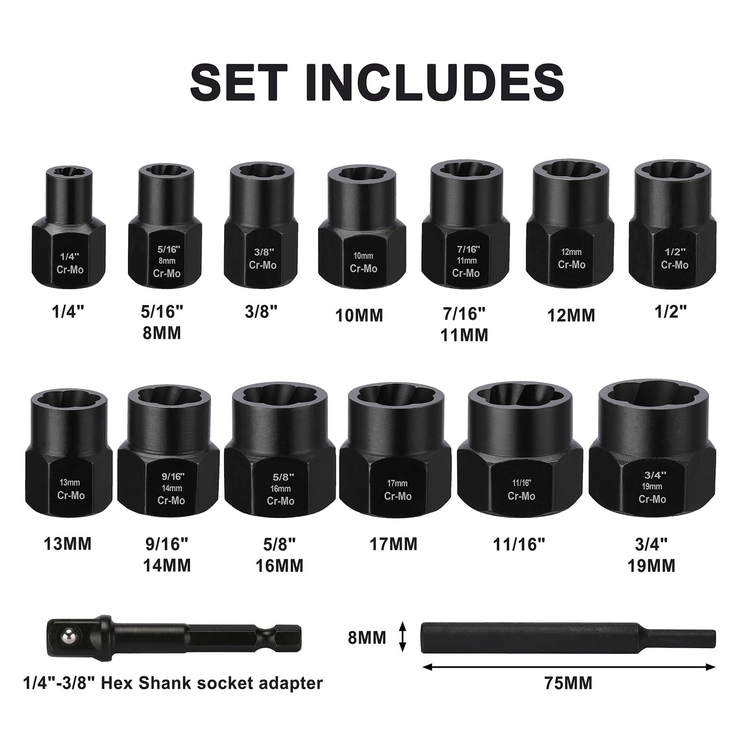 Mayouko 15PCS Twist Impact Socket Set, Stripped Lug Nut Remover, Easy Out Bolt Extractor Set for Damaged, Frozen, Studs, Rusted, Rounded-Off Bolts & Nuts Screws