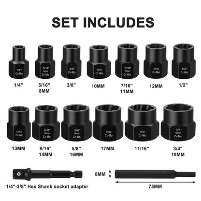 Mayouko 15PCS Twist Impact Socket Set, Stripped Lug Nut Remover, Easy Out Bolt Extractor Set for Damaged, Frozen, Studs, Rusted, Rounded-Off Bolts & Nuts Screws