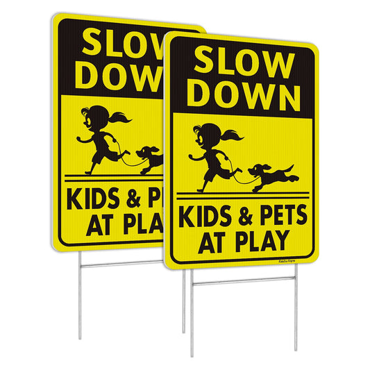 Faittoo Slow Down Signs, Kids and Pets at Play Sign with Stake,18 x 12 Double-Sided Corrugated Plastic Yard Sign, Easy to Assemble, Waterproof, Weather Resistant, Non-Fading,(2 Pack)