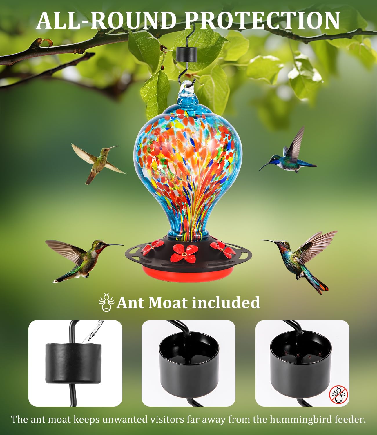 Qmioti Hummingbird Feeders, 32 Ounces Hand Blown Glass Bird Feeder for Outdoor Hanging, 5 Feeding Ports, Ant Moat Included, Bird Nectar Feeder for Garden Backyard Décor, Blue