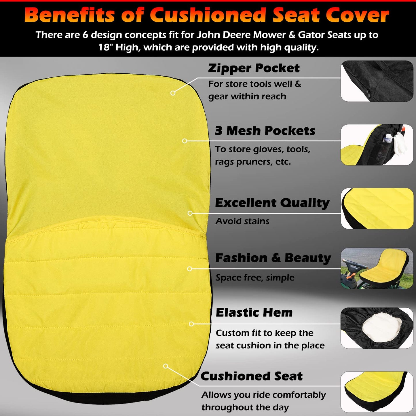 Upgrade Large Seat Cover LP92334, Riding Lawn Mower Cushioned Waterproof Seat Cover up to 18" High Perfectly Fits for John Deere Mower & Gator Seats, Comes with Convenient Storage Pouch
