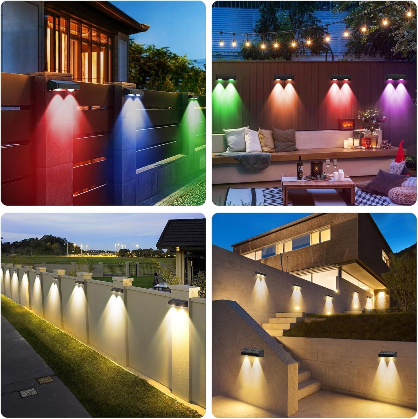 Quntis 4-Pack RGBCW Solar Fence Lights, 11 Color Modes Fence Lights Solar Powered, IP65 Waterproof Solar Deck Lights, Dusk to Dawn Solar Lights Outdoor for Garden Patio Yard Step Wall Porch Holiday
