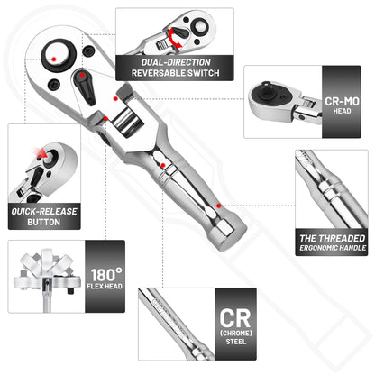 UYECOVE 3/8 Inch Drive Stubby Flex Head Ratchet Wrench, Small Socket Wrench, 72 Tooth Quick Release Cr-Mo Swivel Head Ratchet-4.9"/125mm