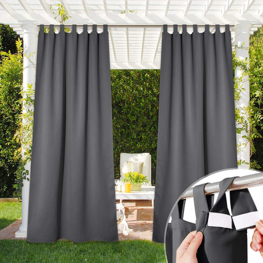 NICETOWN Waterproof Outdoor Blackout Curtain for Gazebo - Thermal Detachable Sticky Solid Tab Top Curtain Panels Vertical Drapes/Blinds (1 Pc, 52 W x 96 L, Grey)