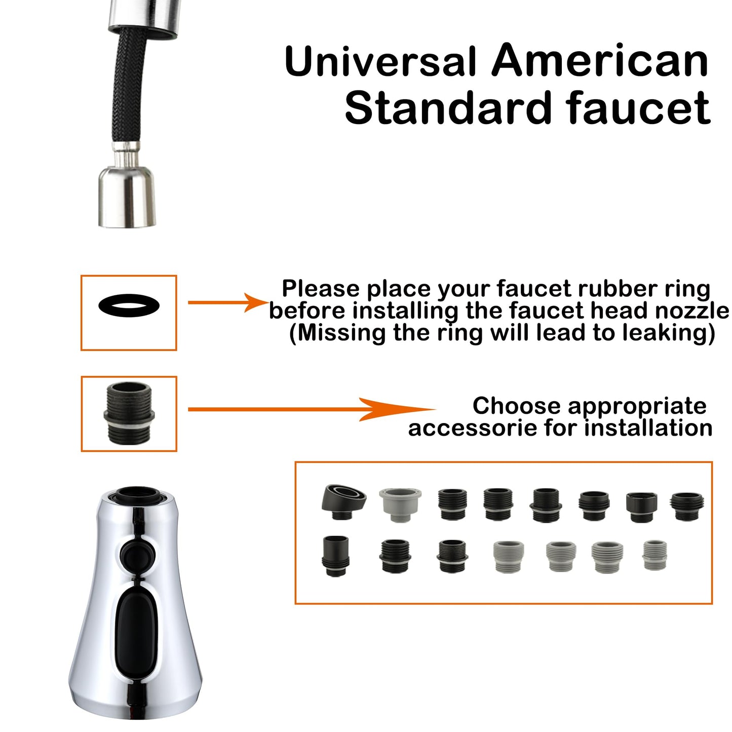 OJODJFAS Kitchen Faucet Head Replacement Polished Chrome,Universal ABS Sink Faucet Head,3 Function Pull Down Spray Nozzle with 15 Adapter,Fits Moen,Delta,Kohler,WEWE,Grohe American Standard Faucet
