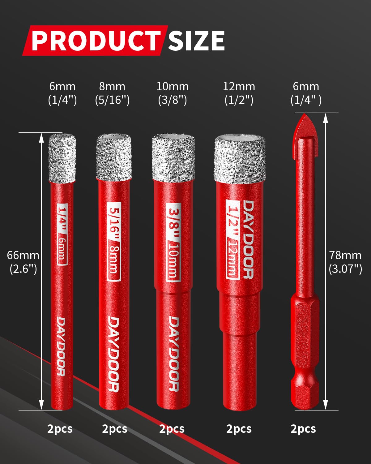DAYDOOR 10-Piece Vacuum Brazed Diamond Drill Bits Set for Porcelain Ceramic Granite Marble Stone Glass,1/4" 5/16" 3/8" 1/2" Diamond Hole Saw, Pilot Drill Bit, Built-in Cooling Wax, Round Shank
