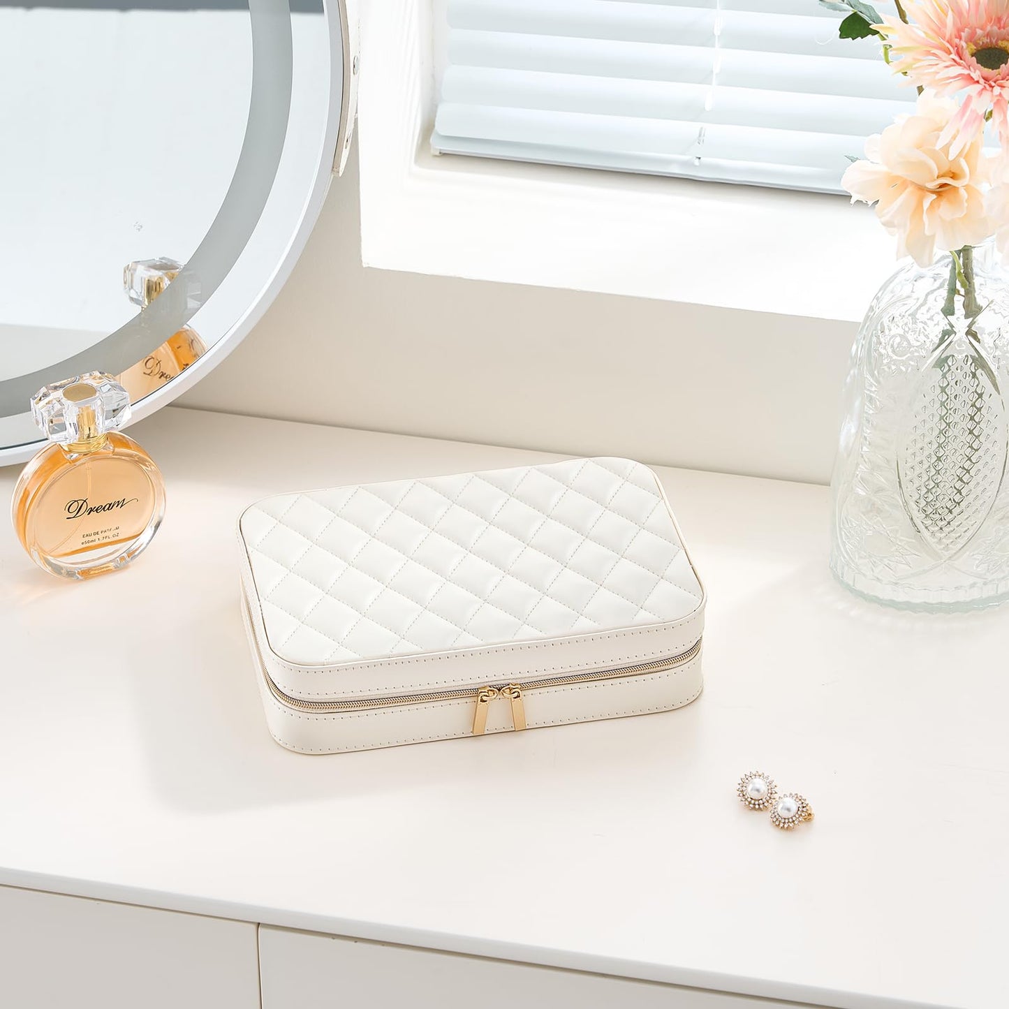 Lolalet Travel Jewelry Case for Women, Travel Jewelry Organizer Box with Mirror & Clear Storage Bag, Small Portable Traveling Ring Case for Earrings Necklace Bracelet Rings -Medium, White