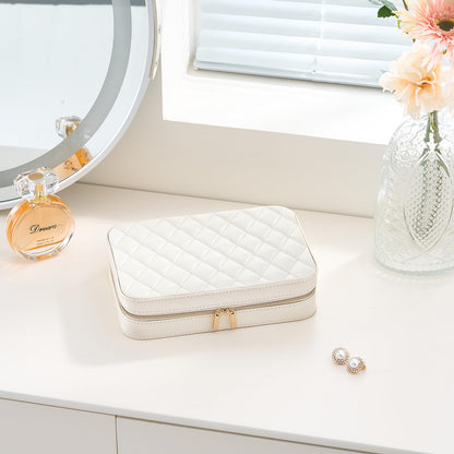 Lolalet Travel Jewelry Case for Women, Travel Jewelry Organizer Box with Mirror & Clear Storage Bag, Small Portable Traveling Ring Case for Earrings Necklace Bracelet Rings -Medium, White