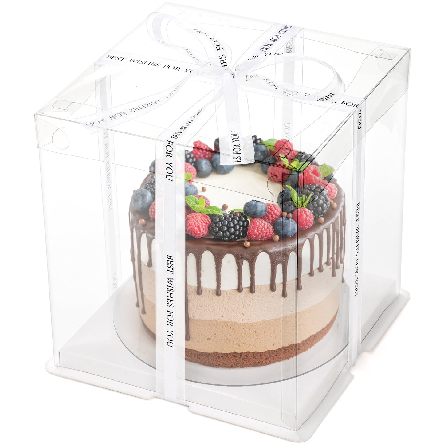 Cididu 6 Pcs Clear Cake Box with Ribbon, 2-Layer Tall Cake Packaging Boxes 8x8x9 Inch, PET Cake Carrier Transport Container for Tiered Cakes, Transparent Gift Display Boxes with Lid for Birthday Party