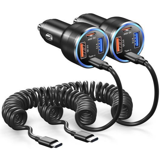 USB C Car Charger 65W, 4-Fast Port Dual 12V USB-C & USB-A Car Phone Charger QC&PD 3.0 Super Fast Cigarette Lighter Adapter for iPhone 17 16e 15 Pro Max +2 Pack 5FT Type C Coiled Car Charger Cord