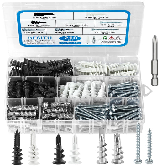 Besitu 210Pcs Drywall Anchors and Screws Kit, Self Drilling Wall Anchors for Drywall, Sheetrock, Hollow Door and Plaster Wall, Zinc Metal & Nylon Plastic Heavy Duty Dry Wall Anchor Set