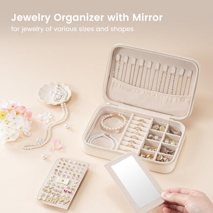 Lolalet Travel Jewelry Case for Women, Travel Jewelry Organizer Box with Mirror & Clear Storage Bag, Small Portable Traveling Ring Case for Earrings Necklace Bracelet Rings -Medium, White