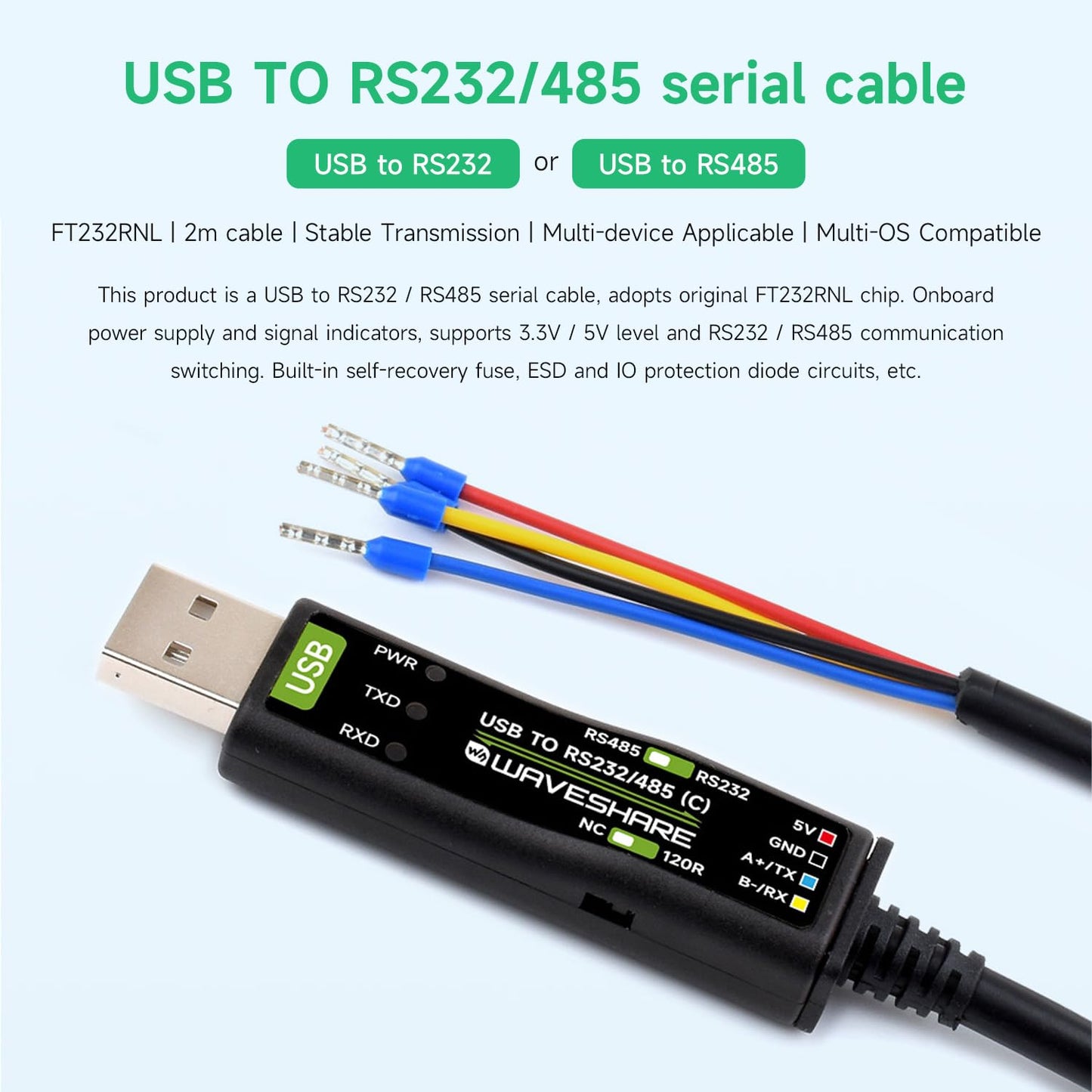 Waveshare USB to RS232/485 Serial Cable, Original FT232RNL Chip, Onboard Power and Signal Indicators, Multi-OS Compatible & Multi-Device Applicable