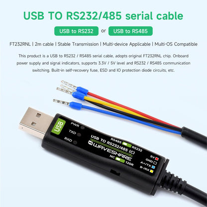 Waveshare USB to RS232/485 Serial Cable, Original FT232RNL Chip, Onboard Power and Signal Indicators, Multi-OS Compatible & Multi-Device Applicable