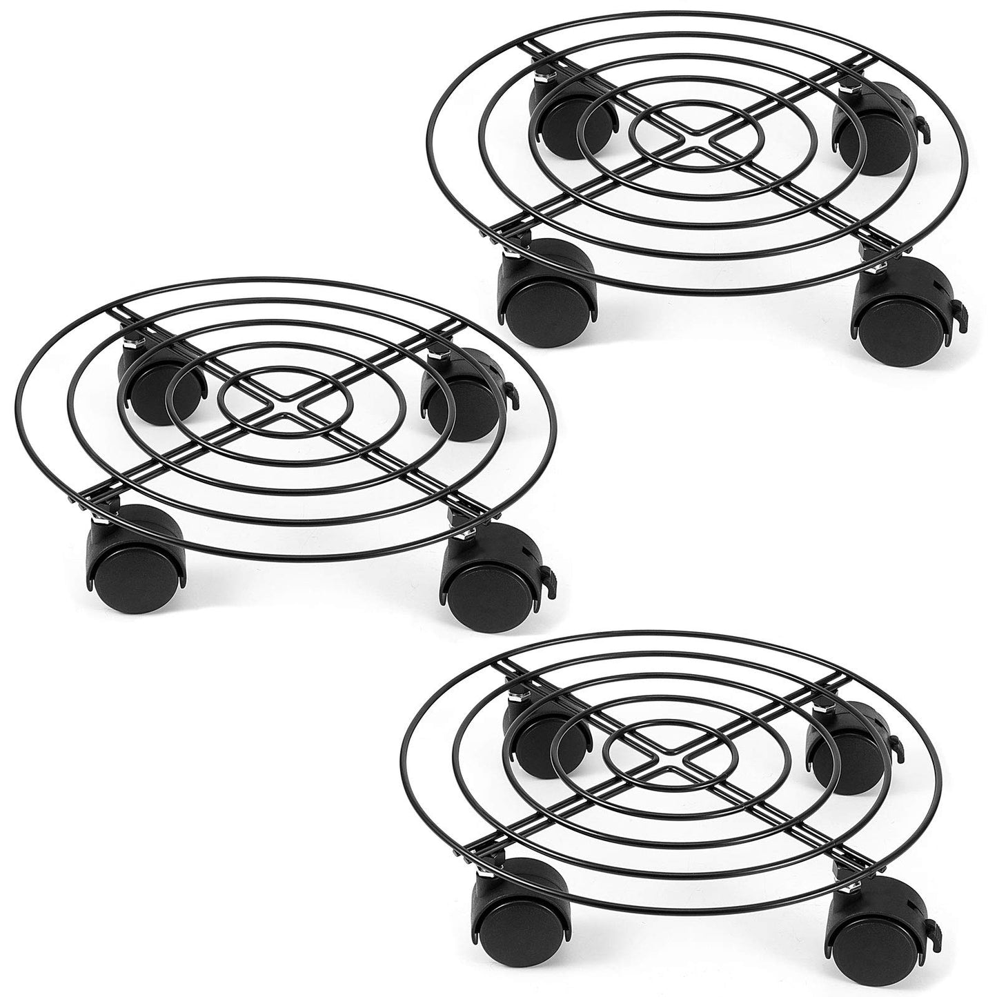 ZOENHOU 3 Pack Plant Caddy with Wheels, 11.8 Inch Round Metal Rolling Plant Stand Indoor Outdoor, Heavy Duty Potted Plant Dolly with Lockable Casters, Black