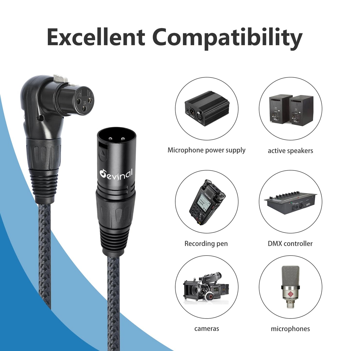 Devinal Right Angle XLR Cable, Right Angle Female XLR to Straight Male XLR Microphone Mic Cable Cord, 90 Degree XLR Female Adapter for Sound Devices Mixer Recorder 3.3 FT 2 pcs