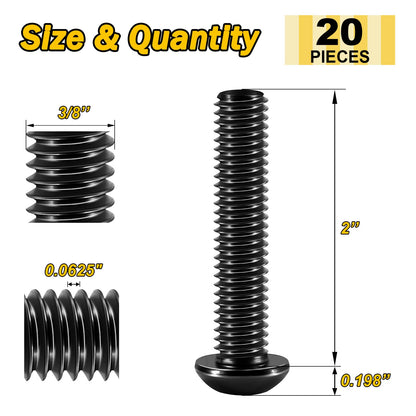 Mywish 3/8-16 x 2 20Pcs Button Head Socket Cap Bolts Screws, 304 Stainless Steel 3/8 Bolts, Allen Drive Furniture Screws, Black Oxide & Hex Spanner