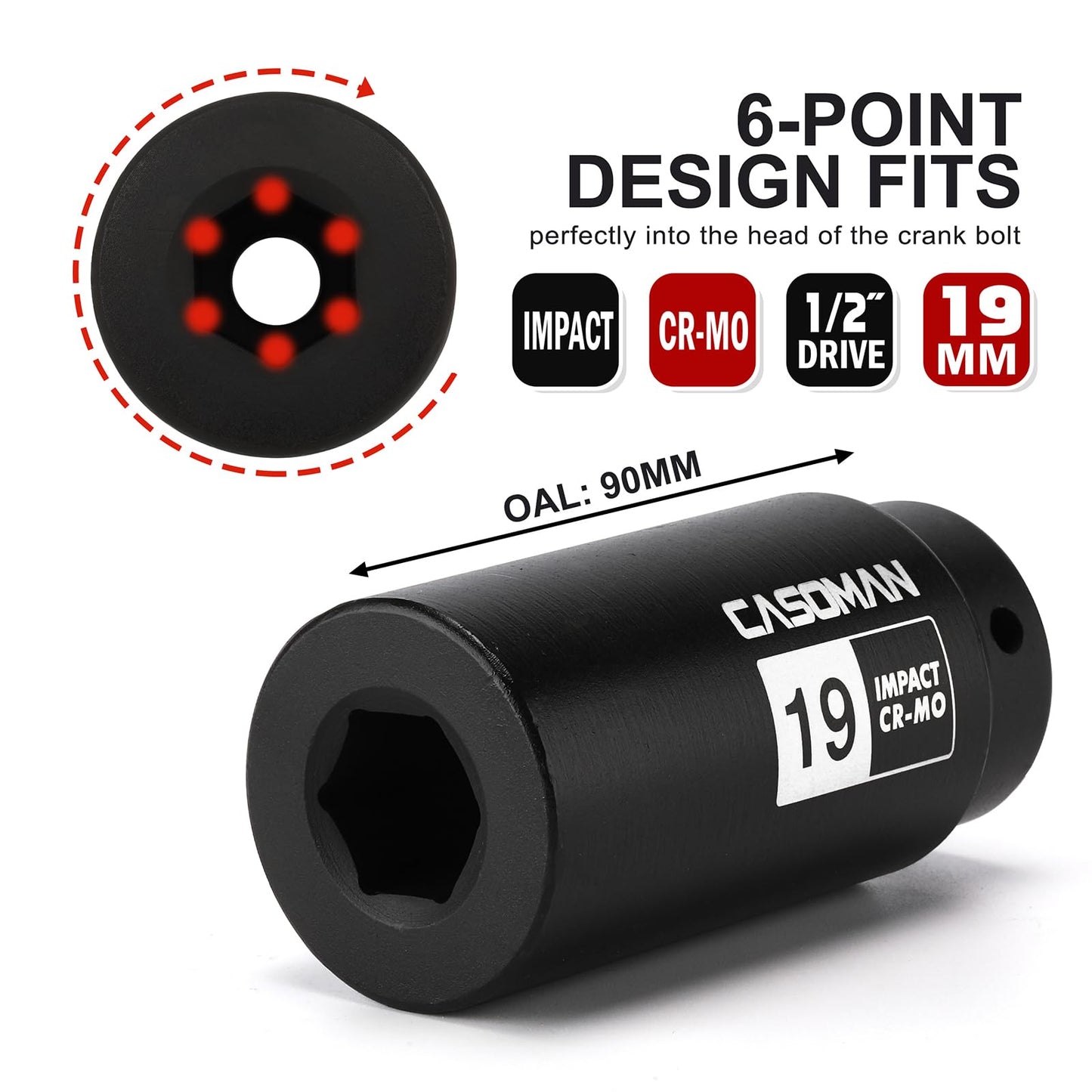 CASOMAN 1/2" Drive 19mm Crank Bolt Socket for Honda, Harmonic Balancer Socket, 3 Times Momentum Power of Standard Impact Sockets, CR-MO