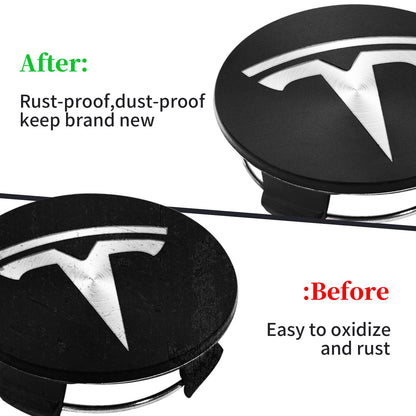 Knomix 4 Pack Exterior Decoration Wheel Center Cover for Tesla Model 3 Model Y,56mm Hubcaps Wheel Rim Cover Tesla Center Caps Hubcaps+20 Black Lug Nut Covers (Matte Black+Silver Emblem)