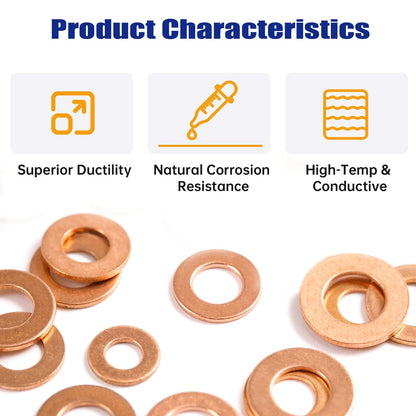 Hengzemei 150pcs Copper Washers Kit Oil Drain Plug Crush Washer Kit Metric Sealing Flat Washers Assortment Set 8 Sizes M6 M8 M10 M12 M14 M16 M18 M20