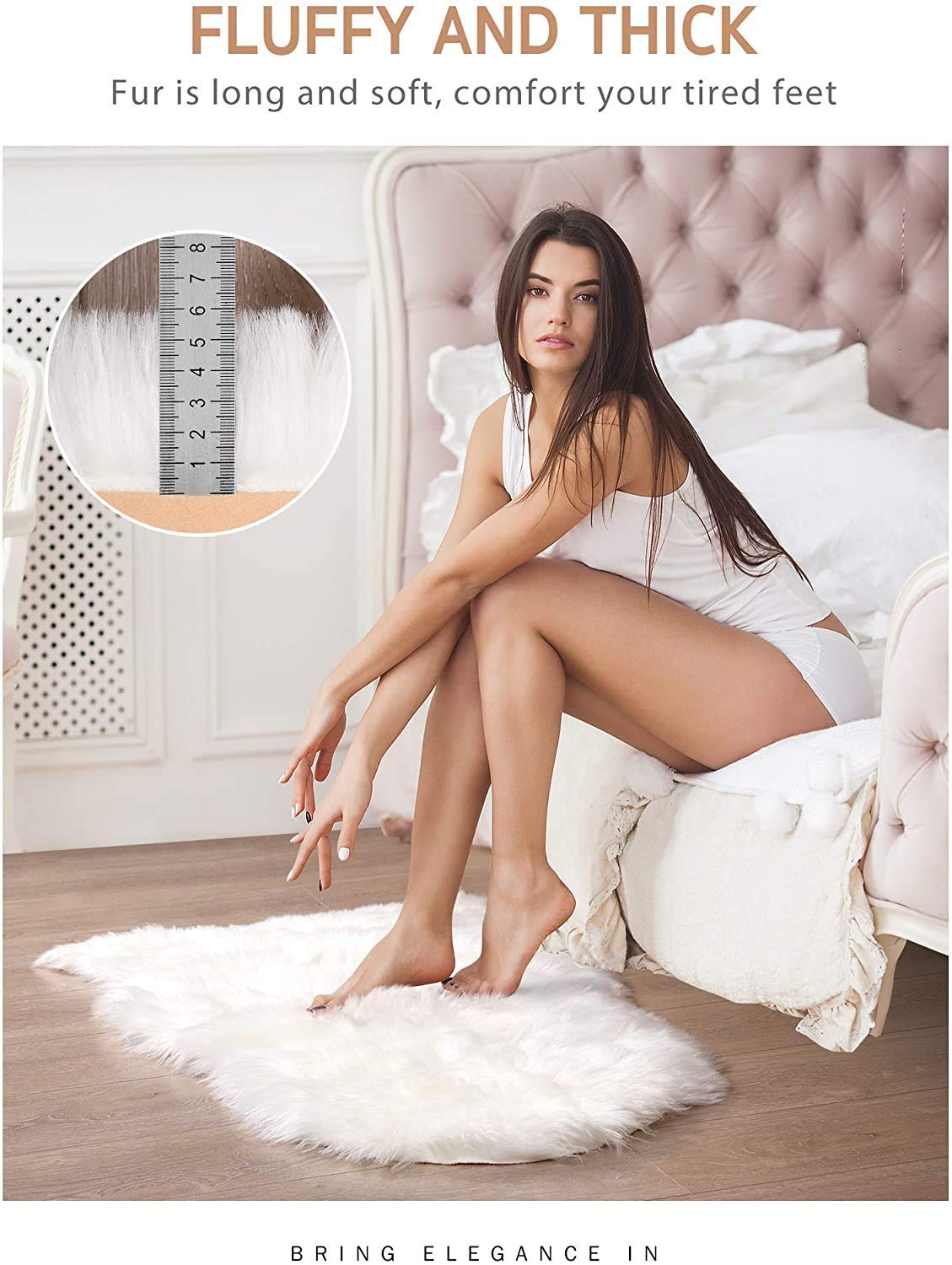 Faux Fur Area Rug, Decor Carpet Sheepskin Style Shaggy Rug for Chair Cover Seat Pad/Sofa Cushion, Ultra Soft Fluffy Rugs in Living Room & Bedroom Bedside, White 67x109 cm