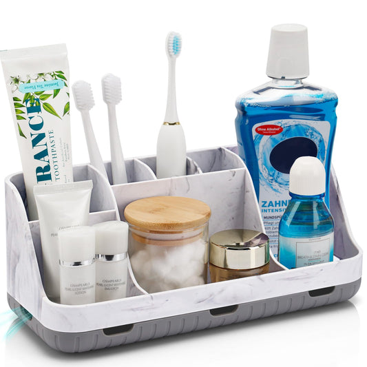 GFWARE Marble Bathroom Organizers Countertop - Detachable 7 Slots Electric Toothbrush and Toothpaste Holde for Bathroom Accessories Counter Organizer and StorageVanity Sink, Grey