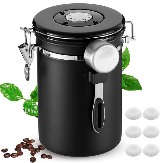 Olyzer Stainless Steel Coffee Canister 22 oz, Airtight Coffee Storage Container with Scoop, Date Tracker & CO2 Releasing Valves, for Grounds and Beans, Black