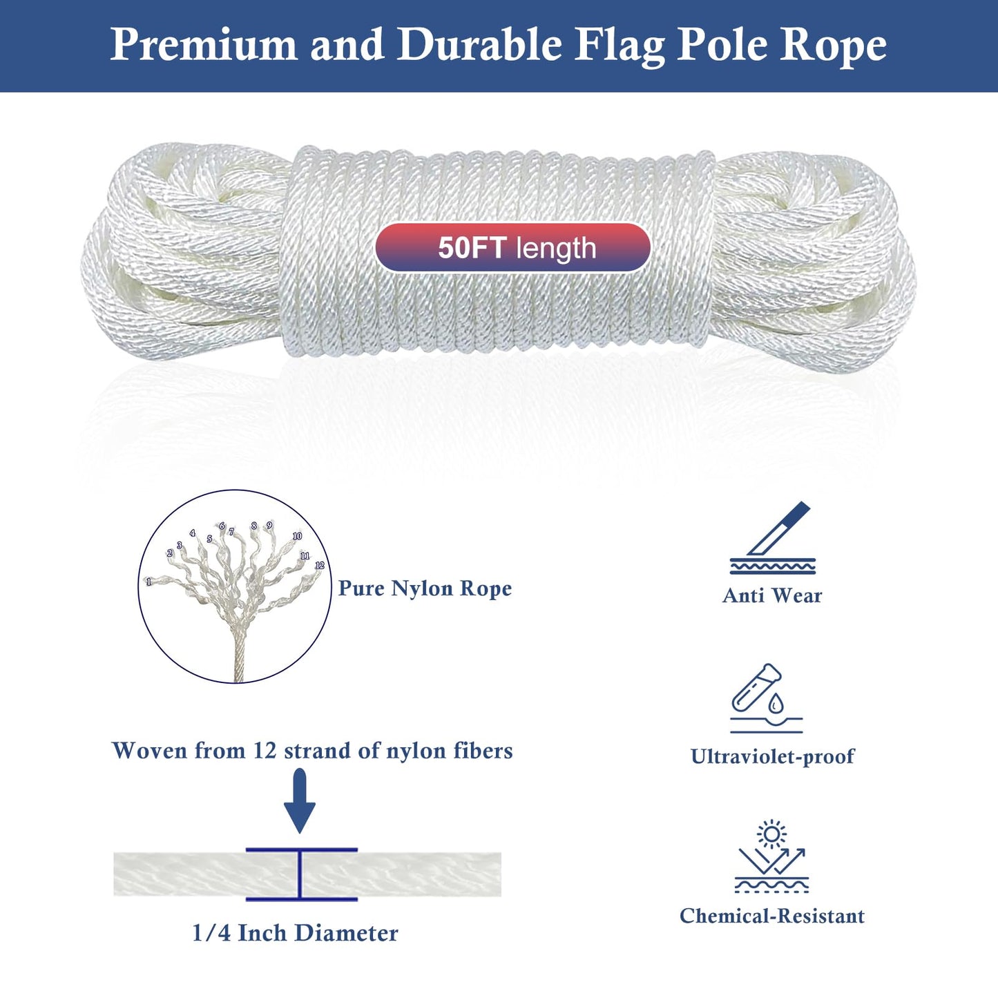 NQ Flagpole Hardware Repair Parts Kit-50Ft Halyard Rope 3" Silver Ball + 6" Zinc Alloy Cleat + 4PCS Metal Swivel Snap Clips + Aluminum Alloy Flagpole Truck with Nylon Pulley for 1.6"-2" Flagpole Top