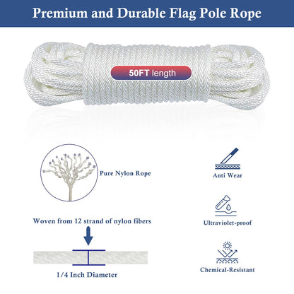 NQ Flagpole Hardware Repair Parts Kit-50Ft Halyard Rope 3" Silver Ball + 6" Zinc Alloy Cleat + 4PCS Metal Swivel Snap Clips + Aluminum Alloy Flagpole Truck with Nylon Pulley for 1.6"-2" Flagpole Top