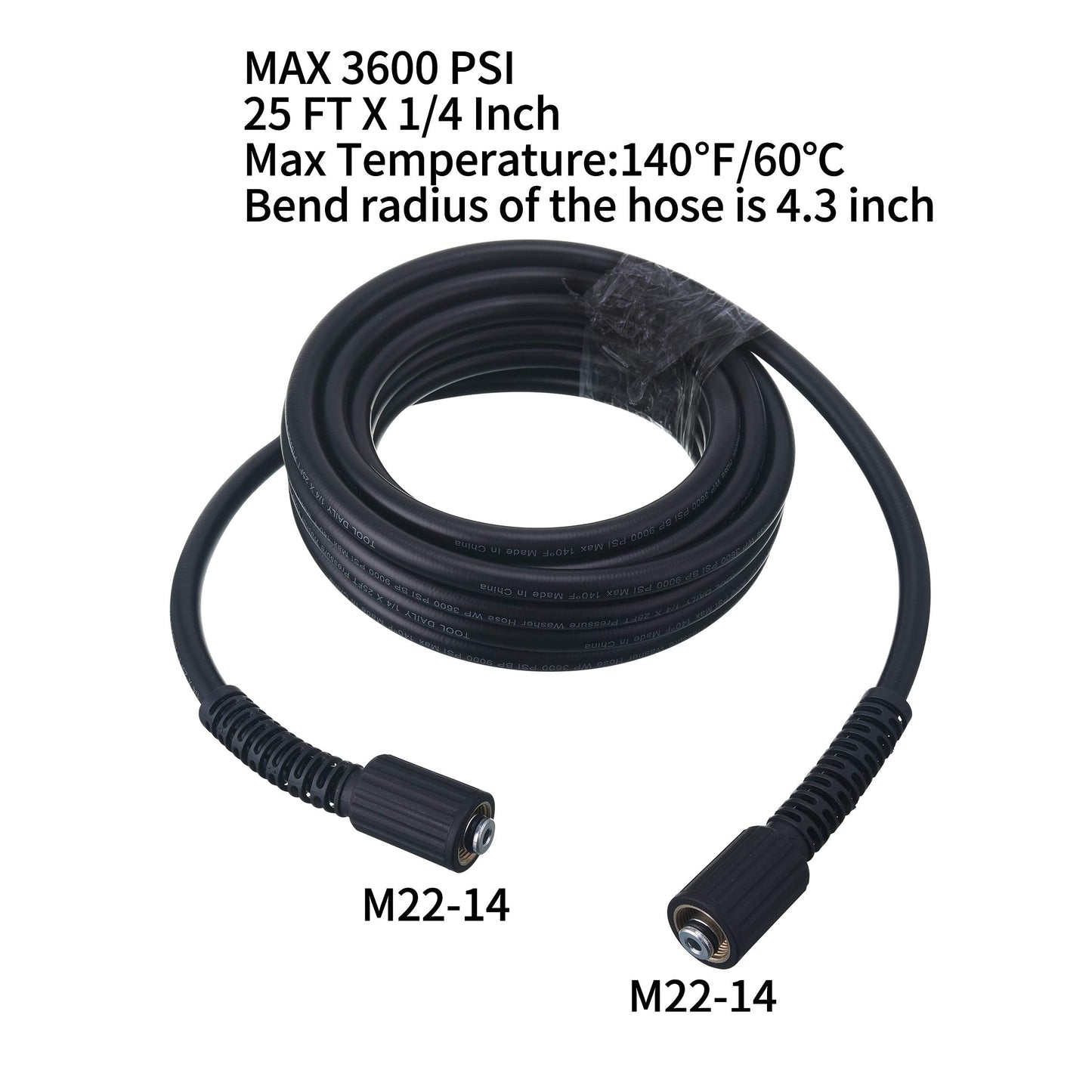 Tool Daily High Pressure Washer Hose, 25 FT X 1/4 Inch, 3600 PSI, M22 14mm, Replacement Power Washer Hose for Most Brands