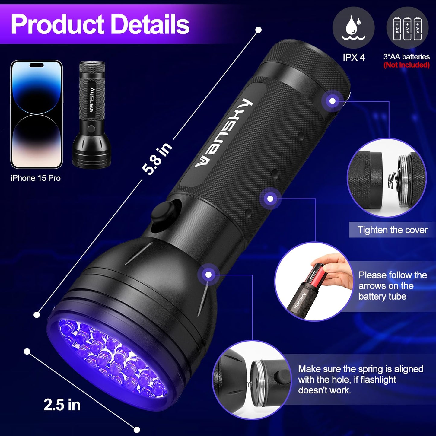 Vansky Air Conditioner Leak Detector: Professional Car Tool 68 LED Automotive AC UV Dye Leak Detection Kit with Protective Glasses