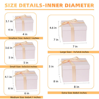 CHARMGIFTBOX 5 Pack Large Square Nesting Gift Boxes with Lids for Presents, Pink Stacking Gift Box with Ribbon Card for Wedding Birthday Party Valentine Christmas