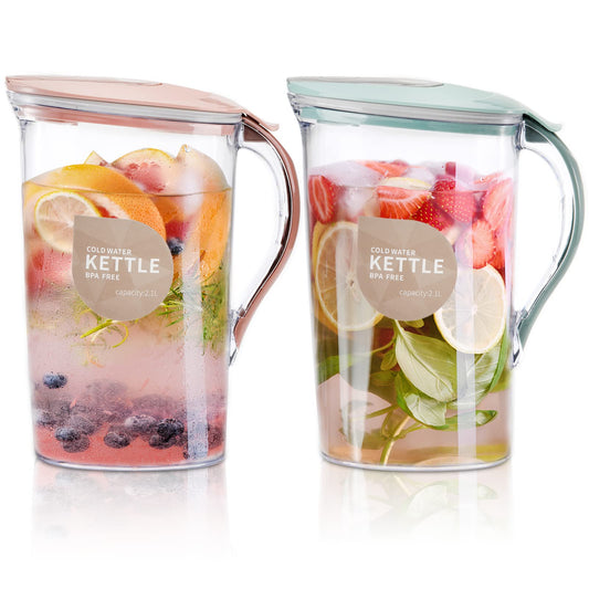 Coloch 2 Pack 2 Quart/64oz Plastic Water Pitcher with Flip Top Spout Lid, Clear Slim Water Container for Fridge Door Juice Pitcher with Scale Line for Tea, Lemonade, DIY Drinks, Blue and Pink