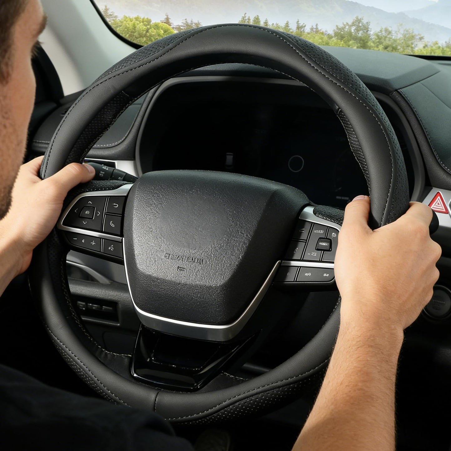 KAFEEK Steering Wheel Cover, Universal 15 inch, Microfiber Leather, Anti-Slip, Odorless, Black Lines