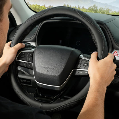 KAFEEK Steering Wheel Cover, Universal 15 inch, Microfiber Leather, Anti-Slip, Odorless, Black Lines
