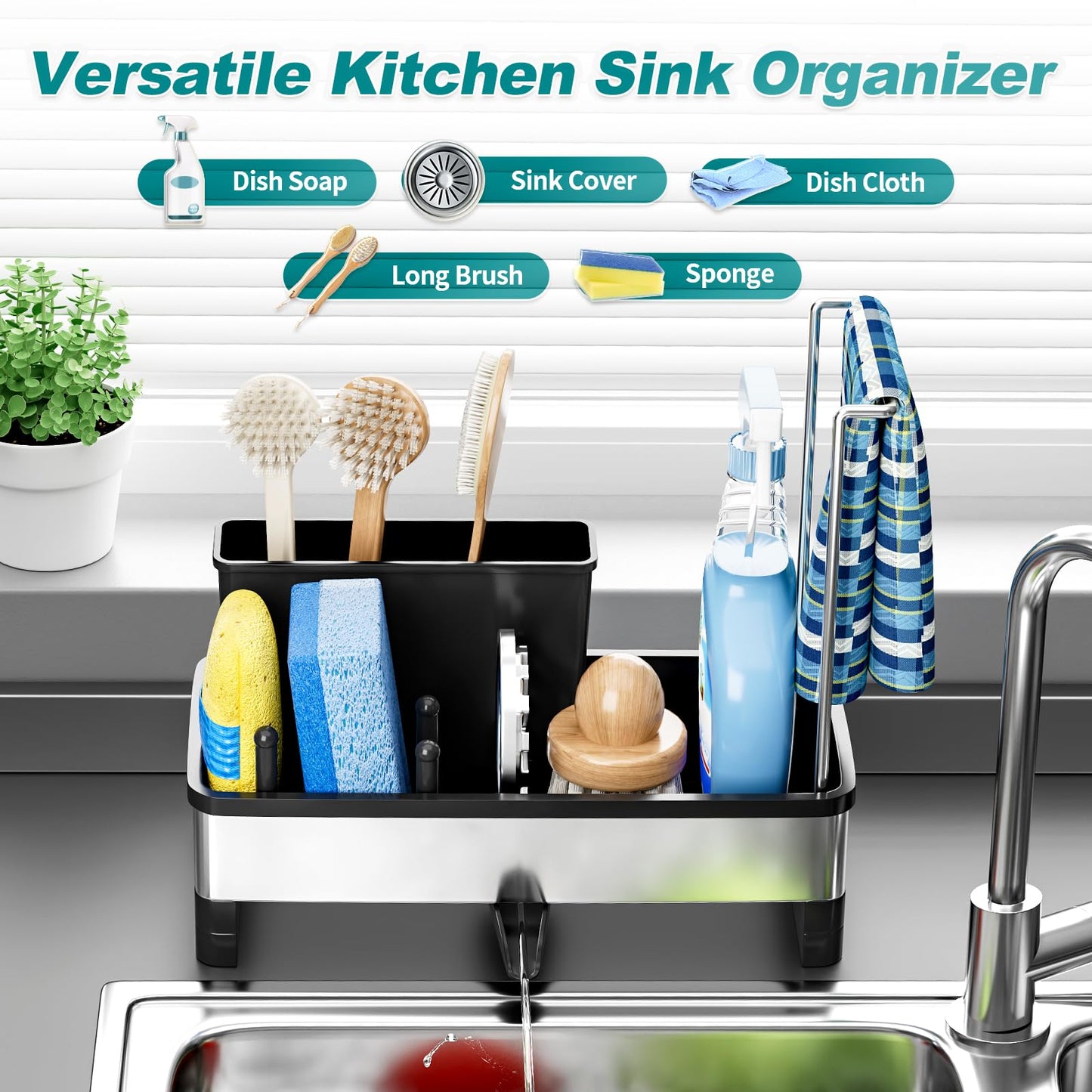 Ewaiira Stainless Steel Sink Caddy, Sponge Holder for Kitchen Sink with Brush Holder & Dishcloth Rack, Rustproof Sink Organizer Countertop, Soap Dispenser Kitchen Organizers Storage Essentials, Black