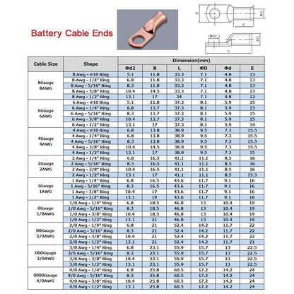 2/0 AWG 3/8" Stud (10 pcs.), Heavy Duty Battery Ring Terminal, 00 Gauge Connectors, 2/0 Copper Wire Lugs, Copper Ring Terminals, Battery Cable Ends, Bare Copper, Tubular Ring Terminal Connectors