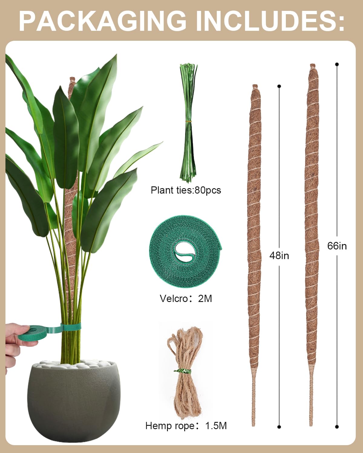 2Pcs 66in&48in Moss Pole,Bendable Plant Support for Climbing Plants,Monstera Plant Support Stakes Indoor,Adjustable Plant Stand,Houseplants to Grow Upwards