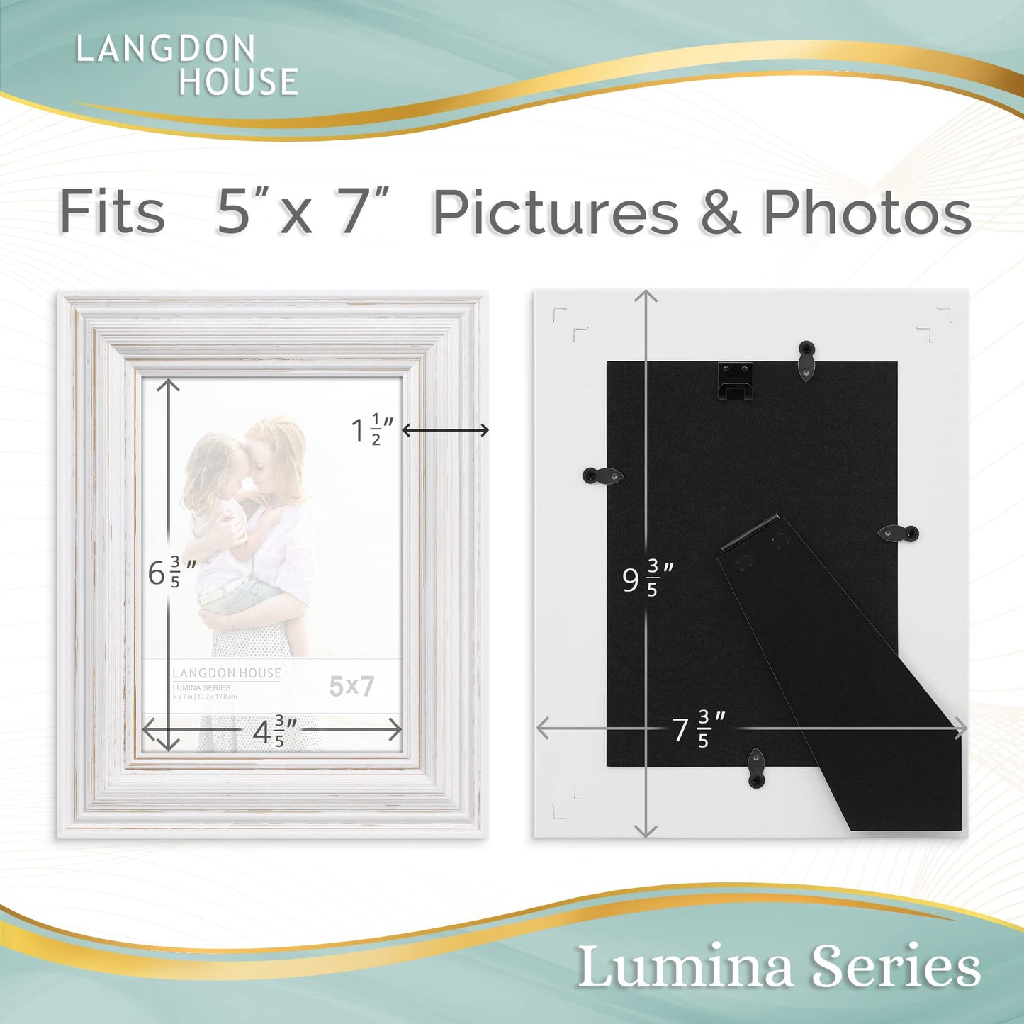 Langdon House 5x7 (13x18 cm) Real Wood Picture Frames (Weathered White - Gold Accents, 2 Pack), French Country Style Wooden Photo Frame 5 x 7, Lumina Collection