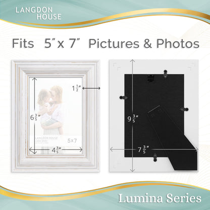 Langdon House 5x7 (13x18 cm) Real Wood Picture Frames (Weathered White - Gold Accents, 2 Pack), French Country Style Wooden Photo Frame 5 x 7, Lumina Collection