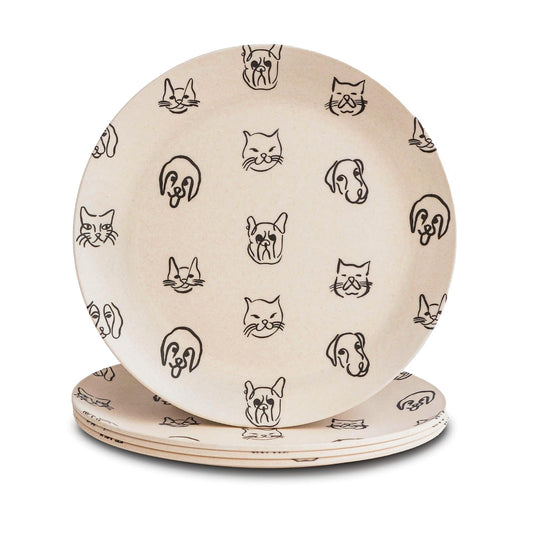 Nook Theory 4 Pack Reusable Bamboo Plates - Non-Toxic Toddler and Kids Plate, Dishwasher Safe, Not Microwavable Dinnerware (Catdog 8")