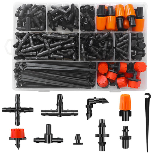 WZFLRUA 240-Piece Drip Irrigation Fittings Kit for 1/4" Tubing, Complete Set of Drip Barbed Connectors (Nozzle, Micro Dripper, Nozzle Tee, Single Barb, Coupling, Tee, Elbow, Plug, Cross, Stake)