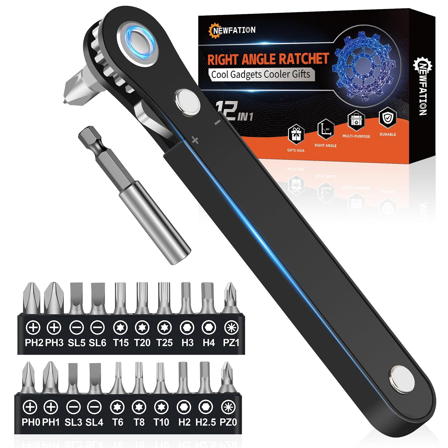 Ratcheting Screwdriver Men Gifts- 90 Degree Offset Screwdriver Bit Set Low Profile Pocket Screwdrive for Tight Space Cool Gadgets Gifts for Men Him Dad Husband (22Pcs Precision & DIY Bit Set)